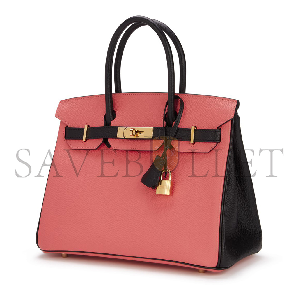 H**mes master birkin 25 chevre leather milkshake pink and black gold buckle bag h028361cc69 (25*20*13cm)